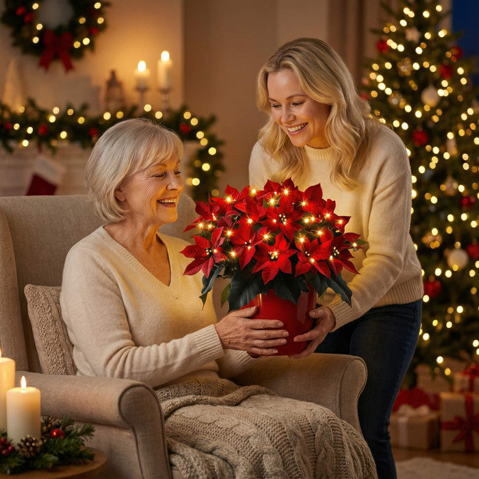 Verlichte poinsettia – kunstmatige rode kerstbloem met een zachte, warme gloed