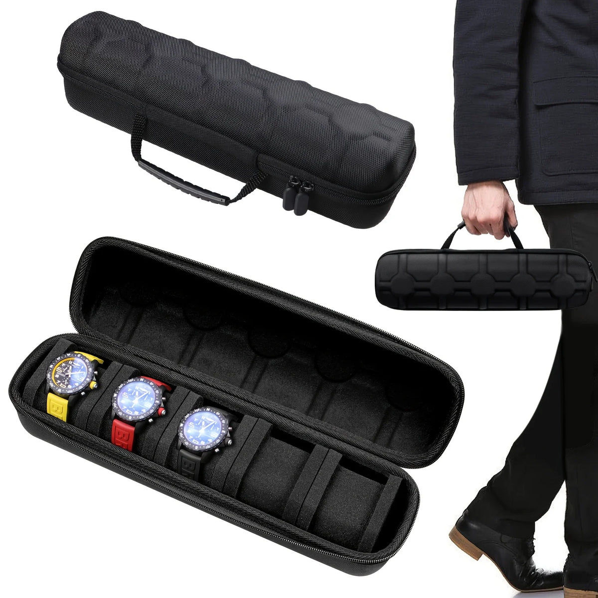 5-Slot Hard Shell Watch Case with Pillow Inserts for Travel and Storage 1