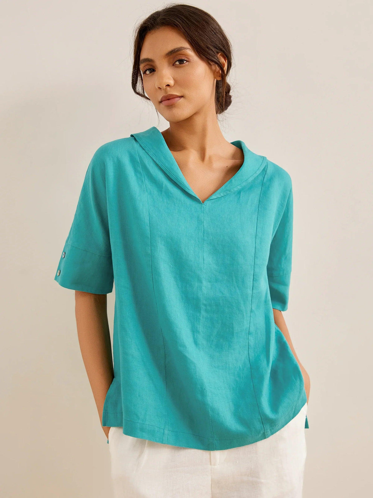Women’s Airy Woven V-Neck Shirt | Short Sleeve Casual Summer Top