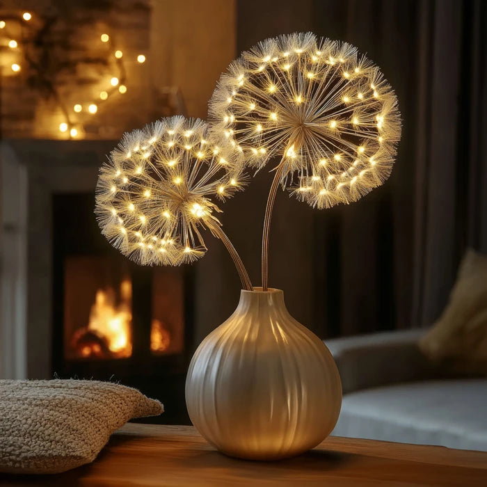 Verlichte paardenbloemtak als decoratie – gloeiende zaadbolletjes voor thuis of evenementen