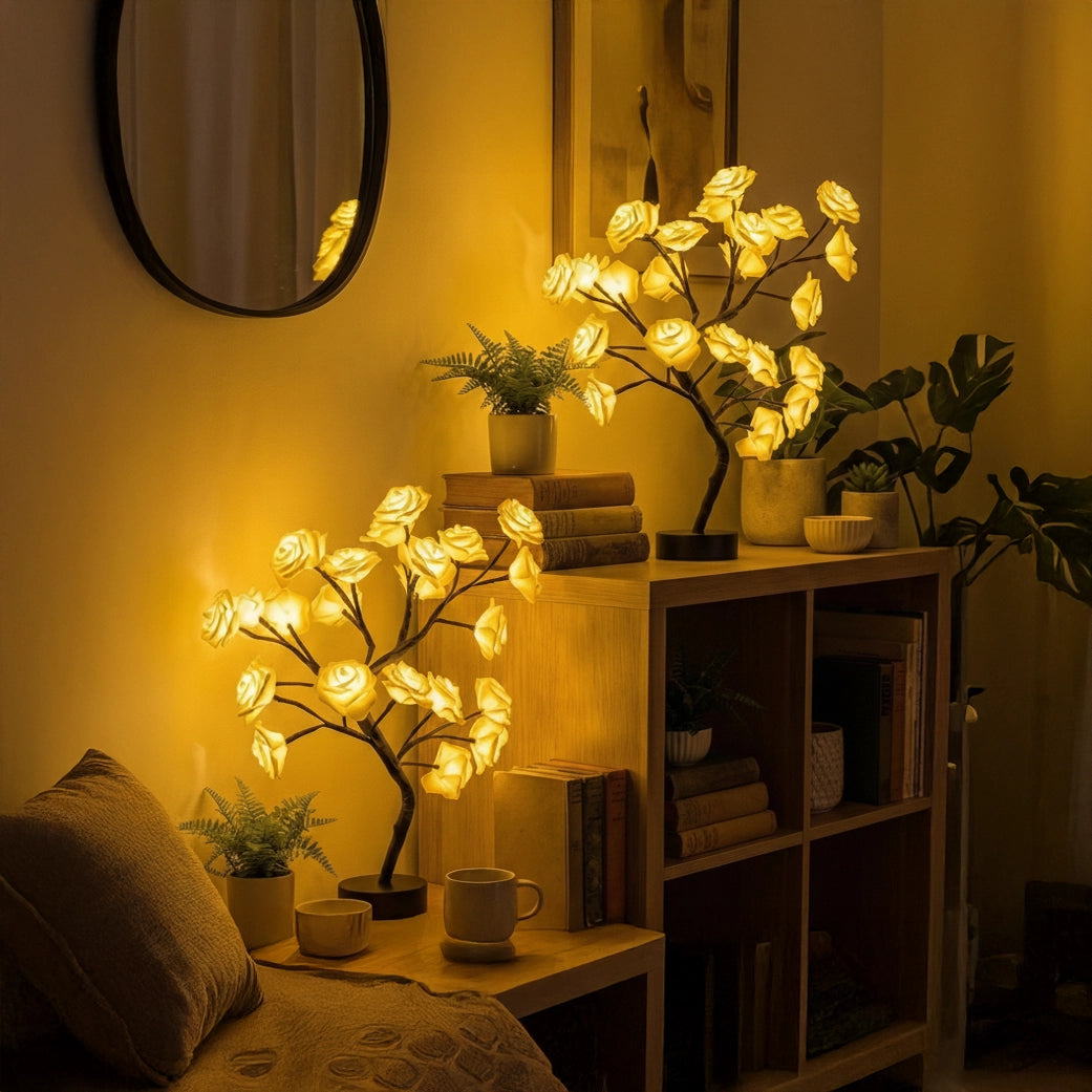 Rozenboomlamp met lichtjes - boom voor op tafel met oplichtende rozenbloesems