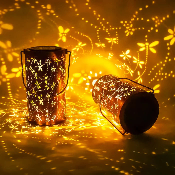 Zonnelantaarn met libellen – Draagbare tuinlamp met licht- en schaduwpatronen