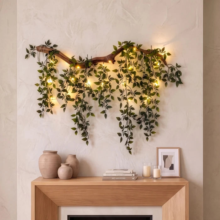 Verlichte bladtak als wanddecoratie – tak met bladeren en lichtjes voor binnenmuren