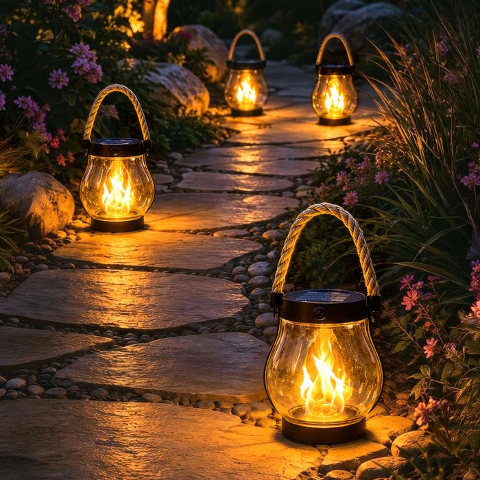 Lantaarn met vlameffect op zonne-energie – heldere lantaarn met flikkerend licht en handvat van henneptouw