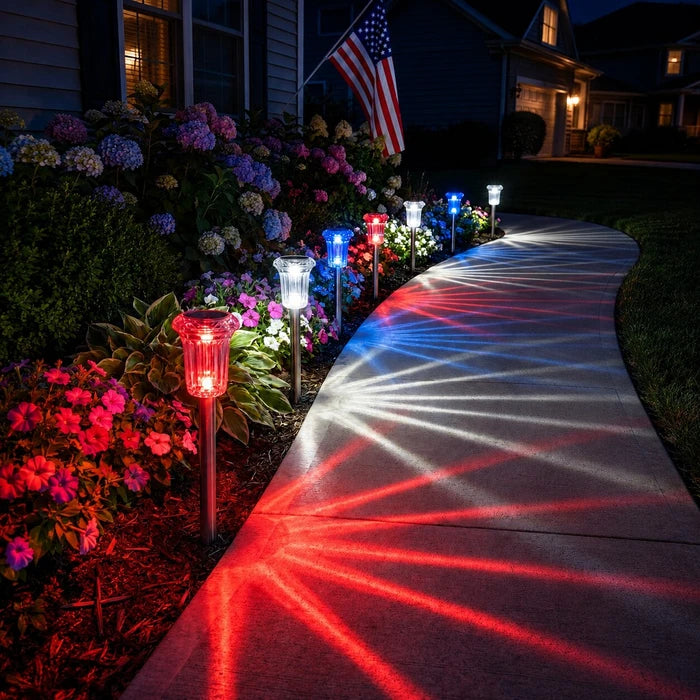 Patriottische solarlampjes voor in de grond - rode, witte en blauwe gloed voor gazons en paden