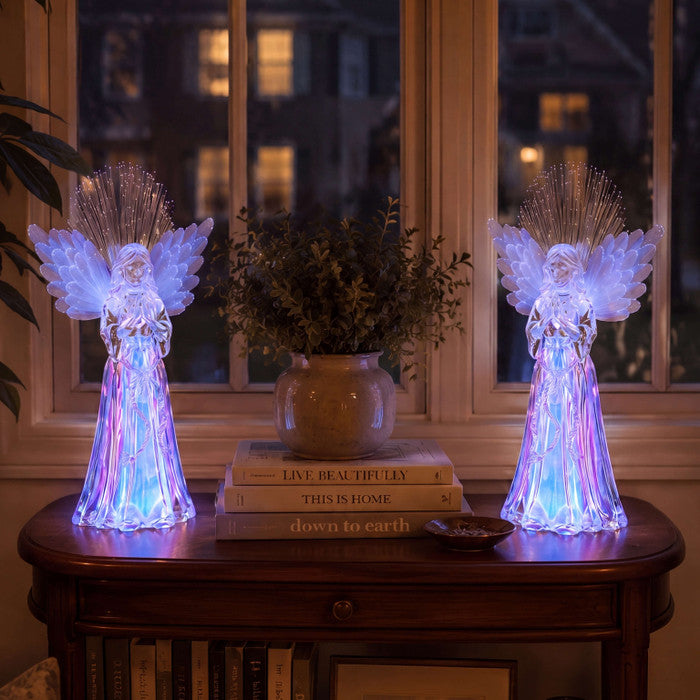 Engelenbeeldje met glasvezelverlichting – biddende engel met van kleur veranderende vleugels