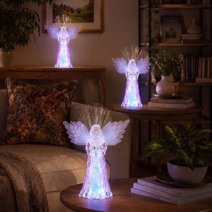 Engelenbeeldje met glasvezelverlichting – biddende engel met van kleur veranderende vleugels