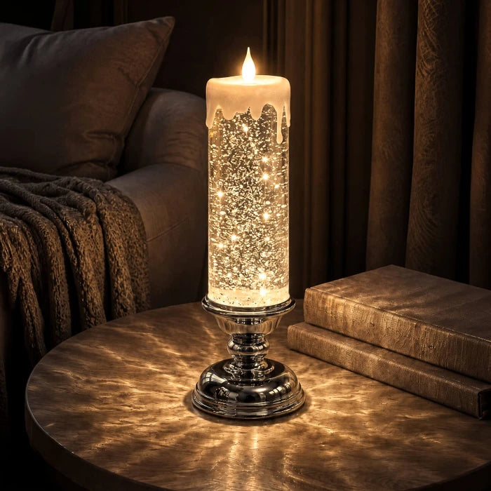 LED-glitterkaars – vlamloze kaars met wervelende glitters en een warme gloed