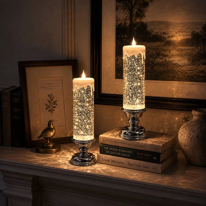 LED-glitterkaars – vlamloze kaars met wervelende glitters en een warme gloed