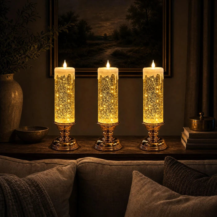 LED-glitterkaars – vlamloze kaars met wervelende glitters en een warme gloed