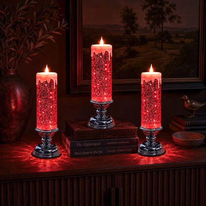 LED-glitterkaars – vlamloze kaars met wervelende glitters en een warme gloed