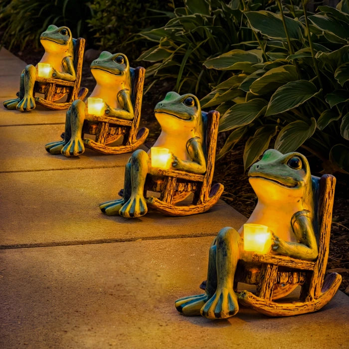 Oplichtend kikkerbeeld voor in de tuin – kikkerfiguur met een verlichte beker