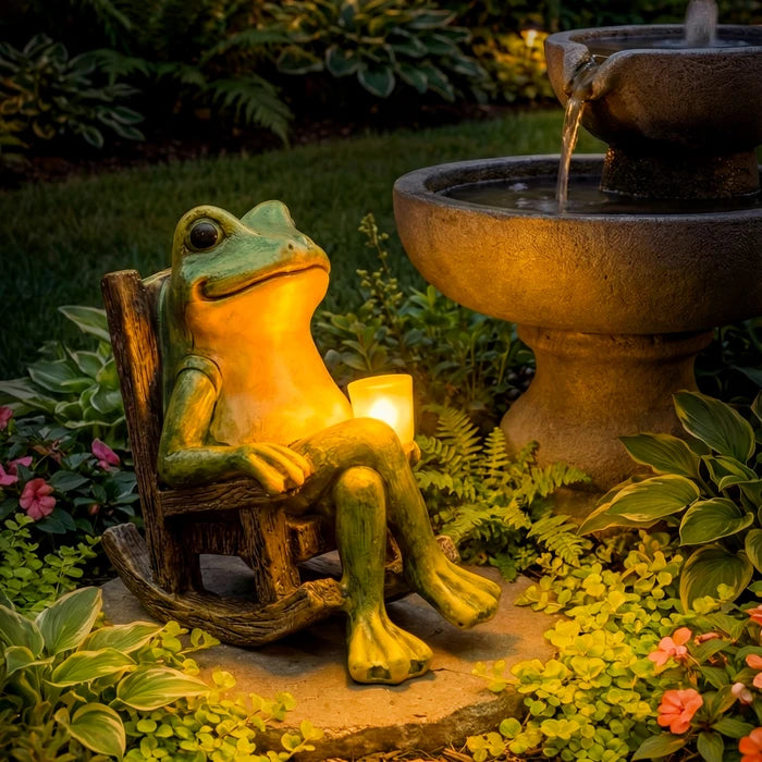 Oplichtend kikkerbeeld voor in de tuin – kikkerfiguur met een verlichte beker