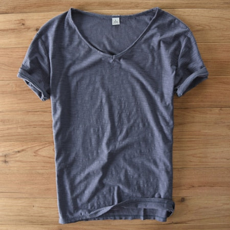 T-shirt à col en V pour homme – mélange de lin et coton à coupe ajustée et respirante