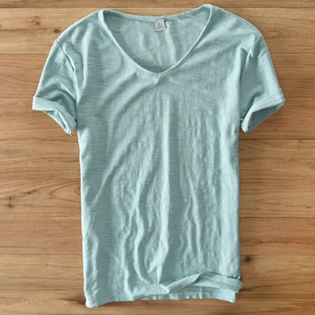 T-shirt à col en V pour homme – mélange de lin et coton à coupe ajustée et respirante