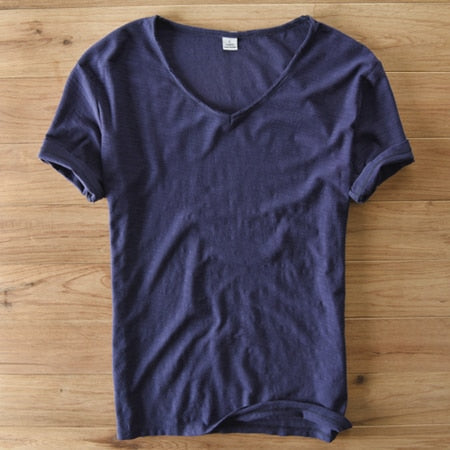 T-shirt à col en V pour homme – mélange de lin et coton à coupe ajustée et respirante
