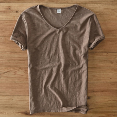 T-shirt à col en V pour homme – mélange de lin et coton à coupe ajustée et respirante