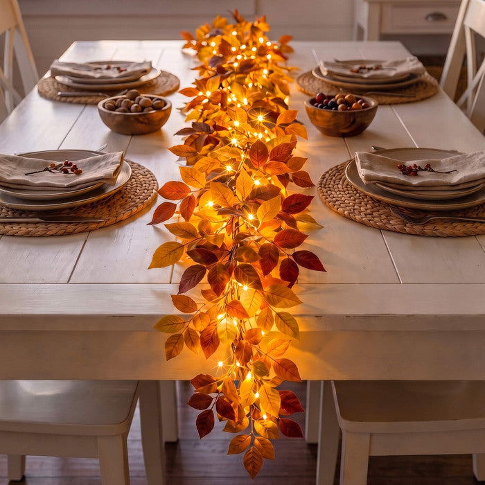 Lighted Foliage Garland – Flexible Leafy Strand with Warm Champagne-Tone Lights