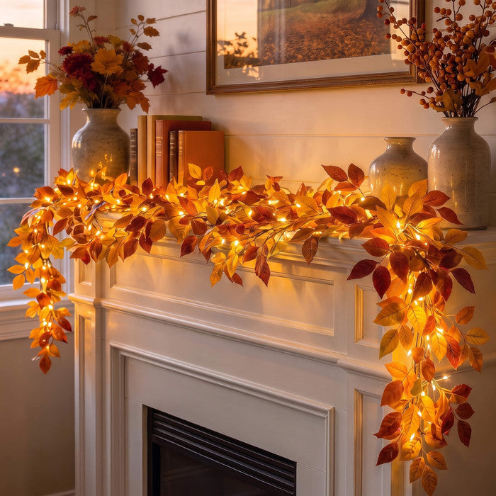 Lighted Foliage Garland – Flexible Leafy Strand with Warm Champagne-Tone Lights