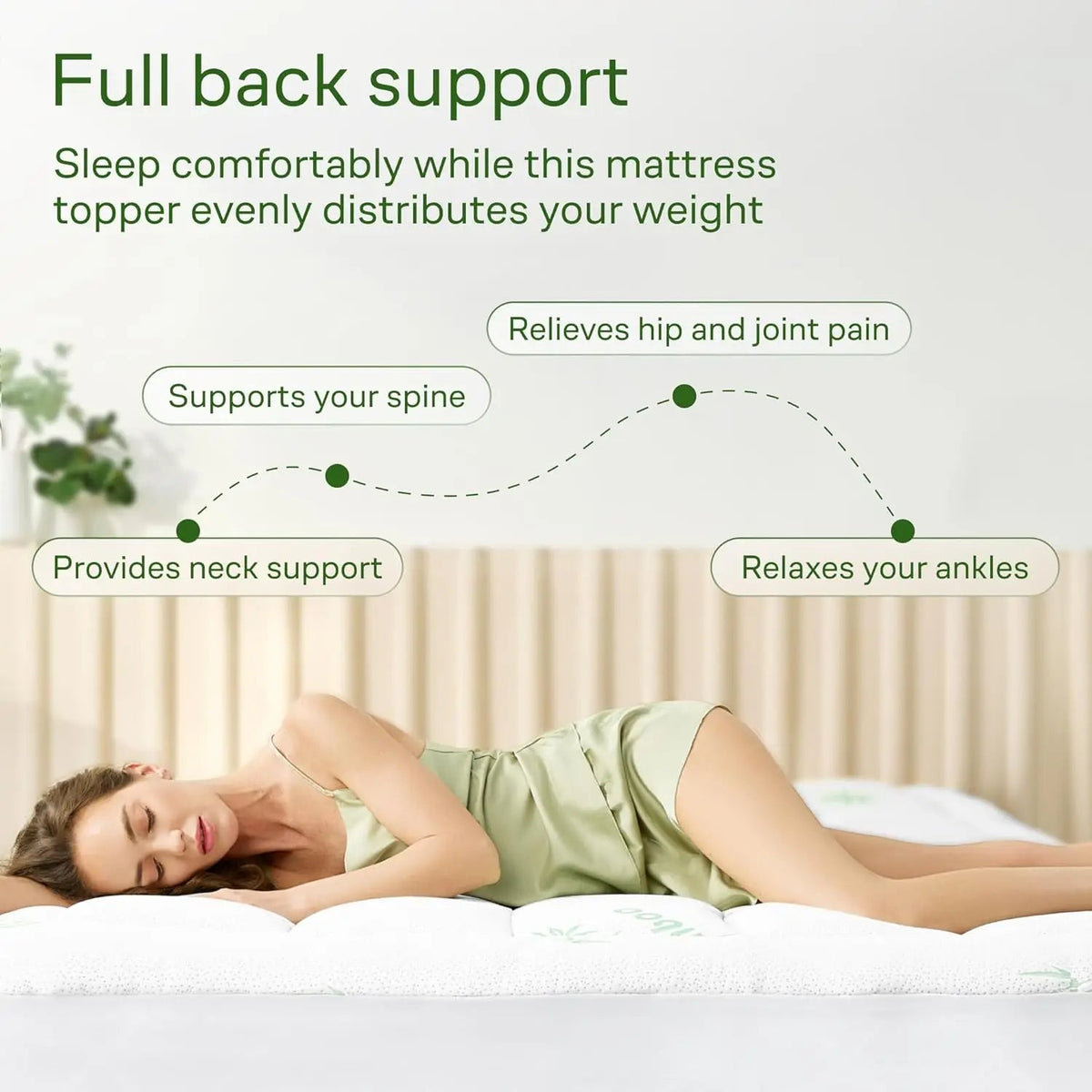 King Size Bamboo Viscose Mattress Topper | Cooling Ultra-Soft Back Pain Relief, Green 3