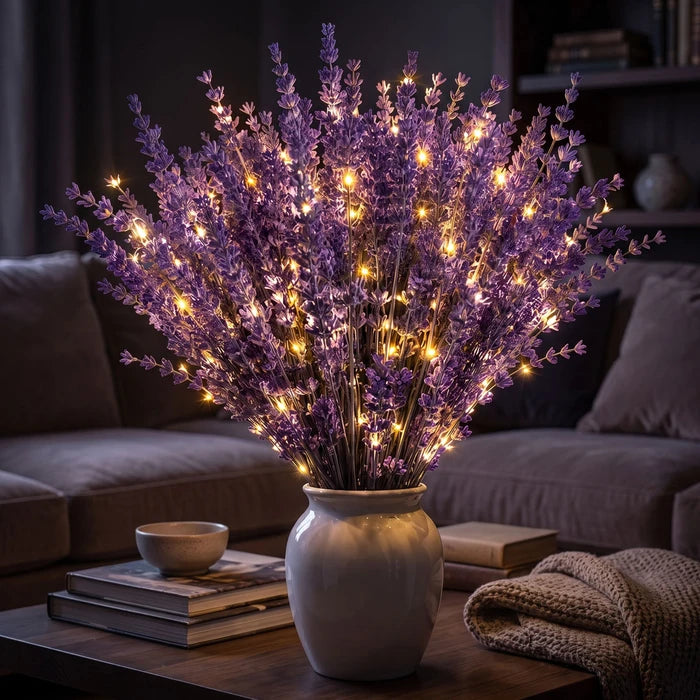 Verlicht lavendelboeket – kunstmatige paarse bloemen omwikkeld met warme lichtjes