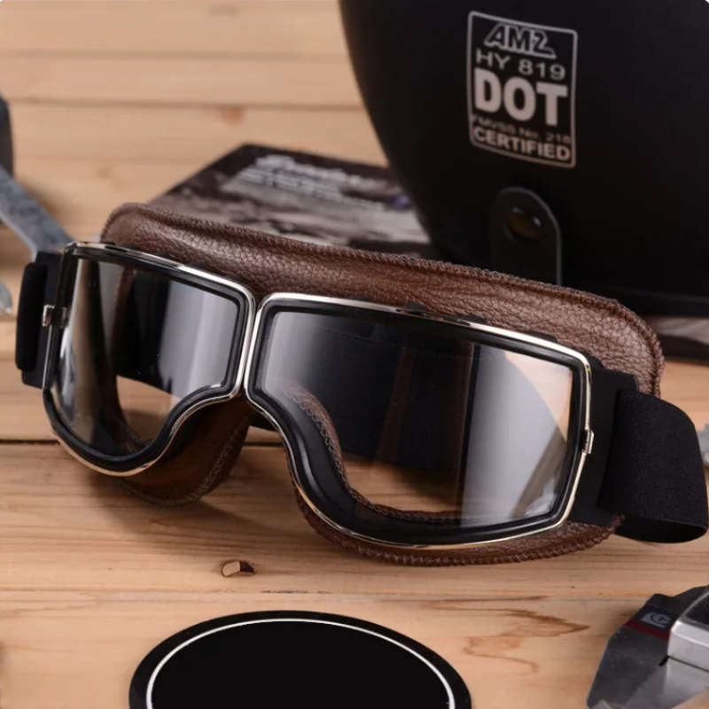 Lunettes de moto vintage en cuir – Verres incassables et ajustement sécurisé et confortable
