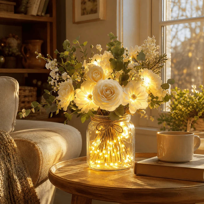 Verlichte bloemenpot – levensechte veldbloemen met warm ledlicht