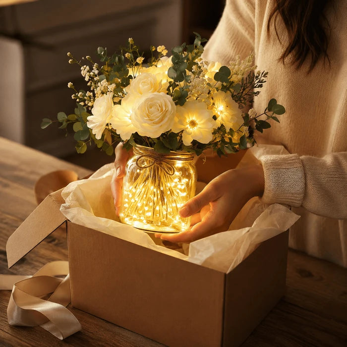 Verlichte bloemenpot – levensechte veldbloemen met warm ledlicht