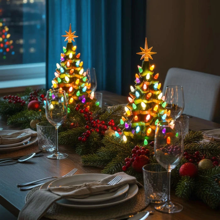 Vintage kerstboomlamp – gevormde groenblijvende boom met ster als piek en verlichting
