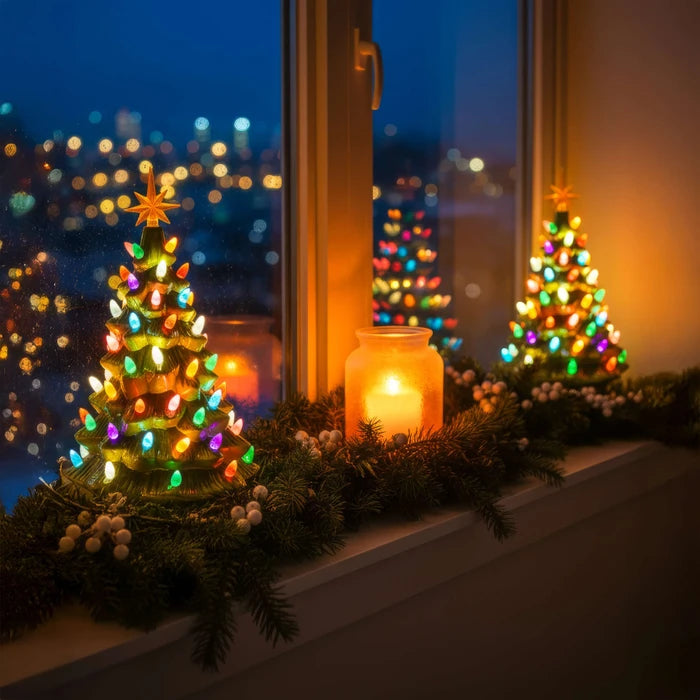 Vintage kerstboomlamp – gevormde groenblijvende boom met ster als piek en verlichting