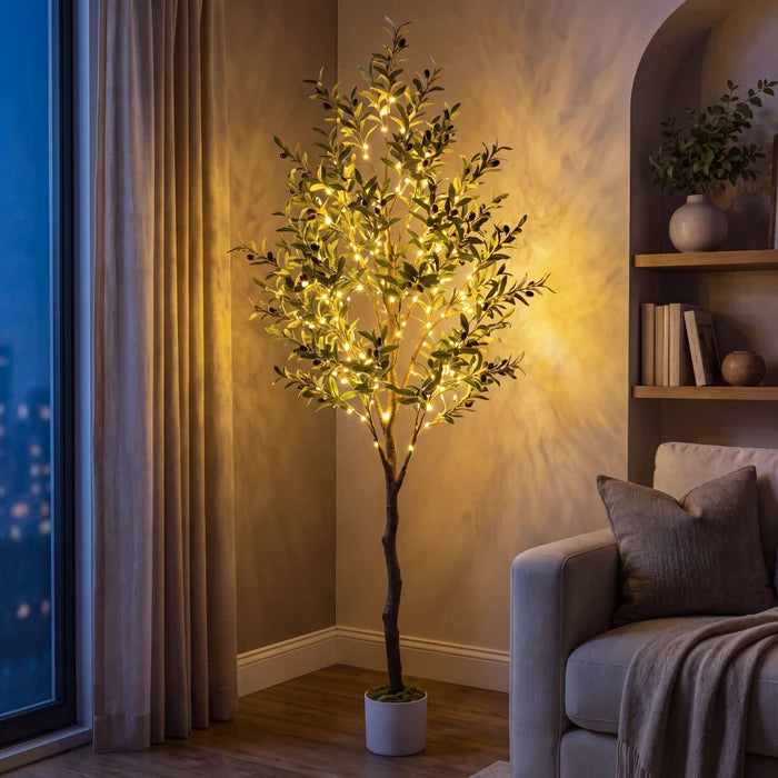 Verlichte olijfboom - sprookjeslichtjes tussen groene olijfbladeren voor knusse hoekjes