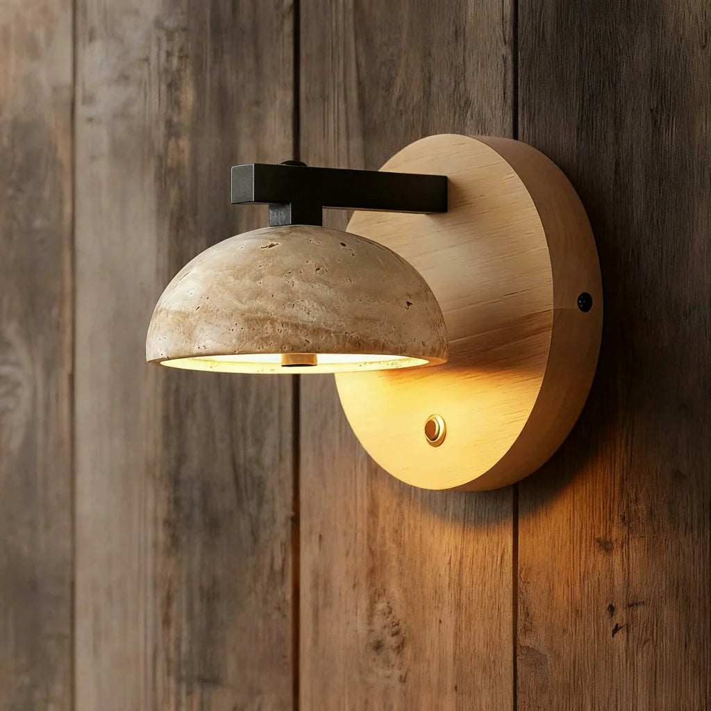 Riley Travertine Wood Round Wall Sconce 0