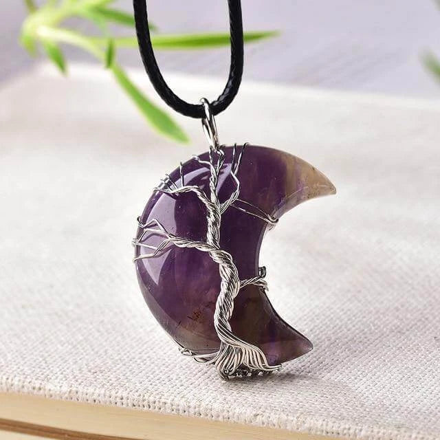 Collier pendentif lune croissante en cristal - Pendentif arbre de vie avec pierres serties de fil