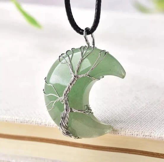 Collier pendentif lune croissante en cristal - Pendentif arbre de vie avec pierres serties de fil