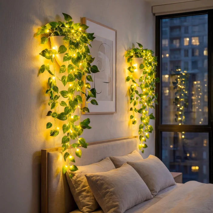 Verlichte plantenbak met kunstklimop - groene ranken met warme ledlichtjes voor donkere hoekjes