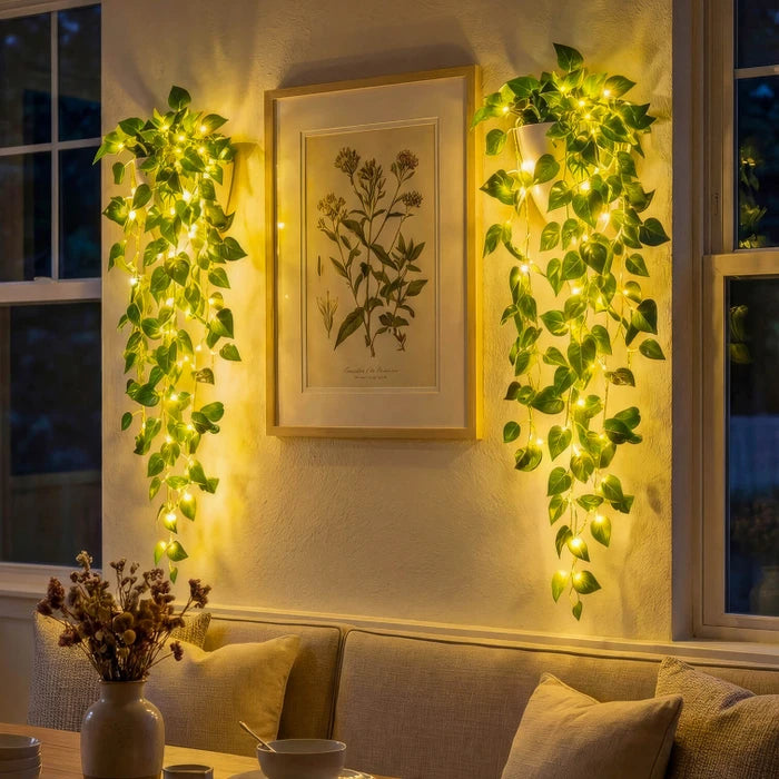 Verlichte plantenbak met kunstklimop - groene ranken met warme ledlichtjes voor donkere hoekjes