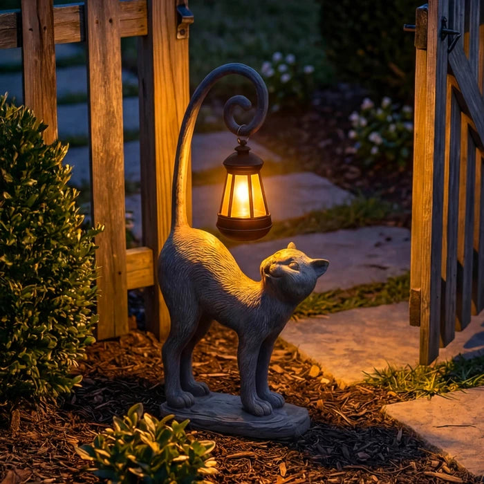 Kattentuinbeeld met zonnelantaarn – Buitenbeeld van een kat dat 's nachts licht geeft