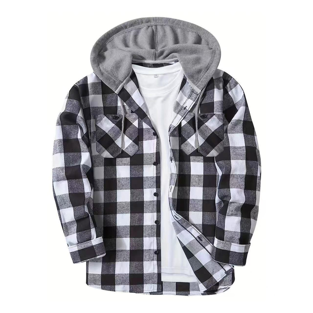 Hooded Flannel Shirt – Plaid Button-Front with Two Chest Pockets