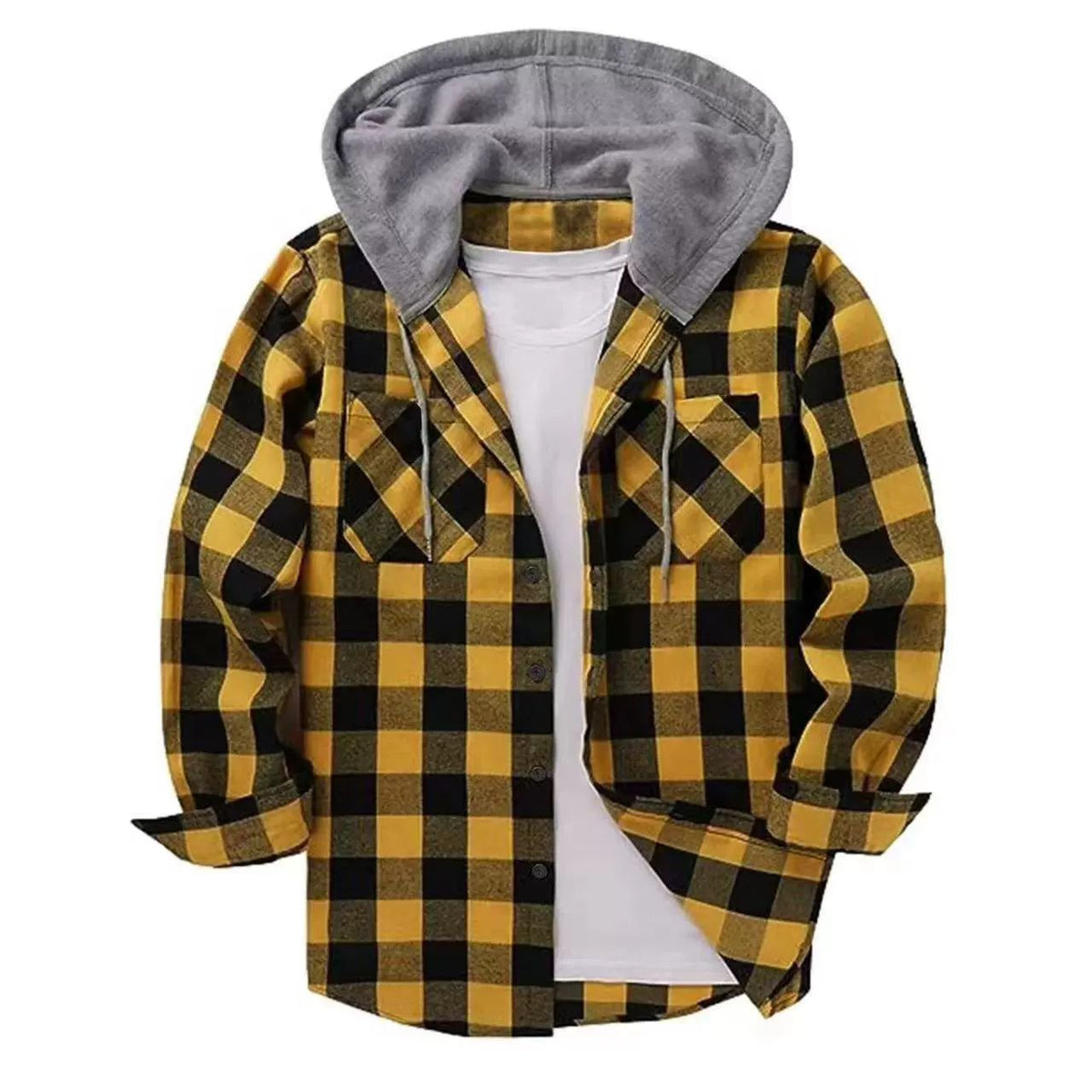 Hooded Flannel Shirt – Plaid Button-Front with Two Chest Pockets