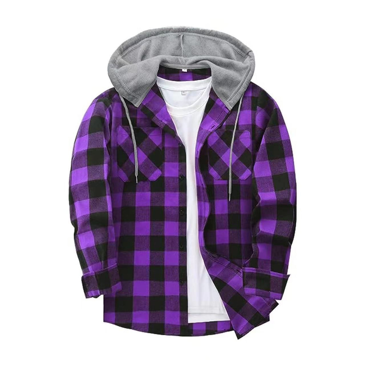 Hooded Flannel Shirt – Plaid Button-Front with Two Chest Pockets