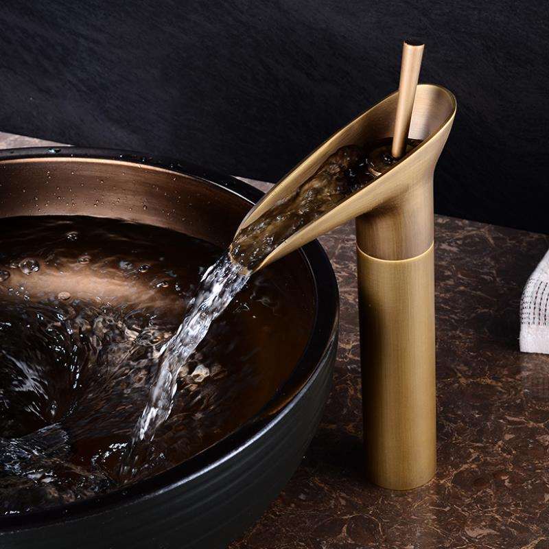 Waterfall Bathroom Faucet – Antique Brass Finish with Smooth Cascading Flow