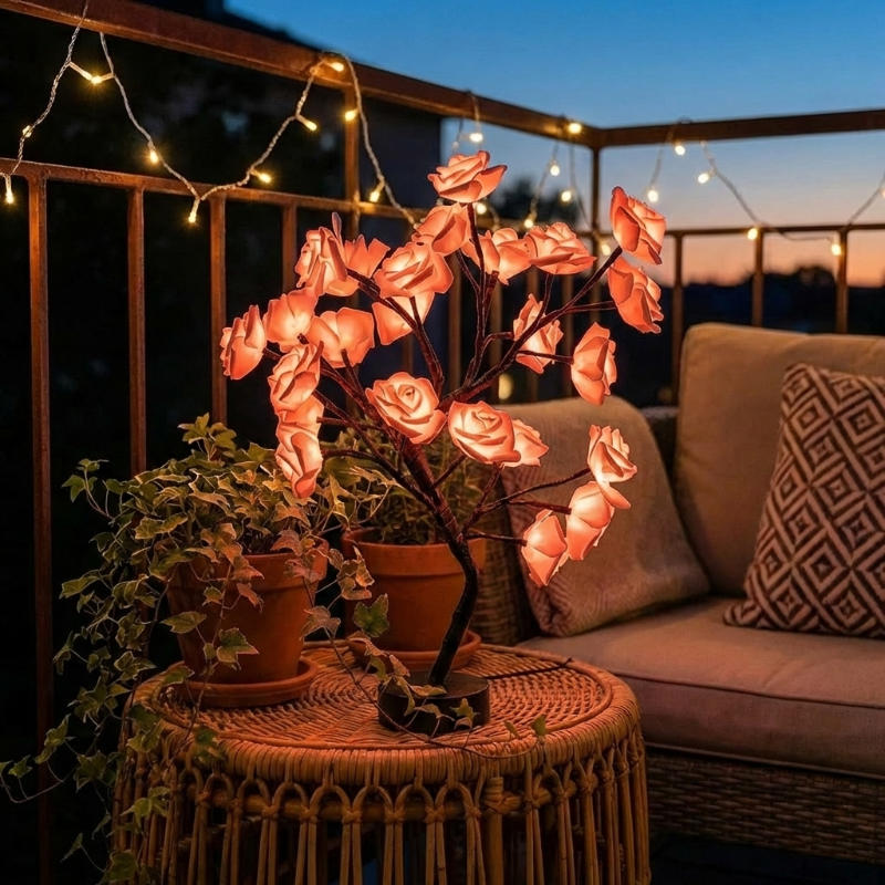 Rozenboomlamp met lichtjes - boom voor op tafel met oplichtende rozenbloesems