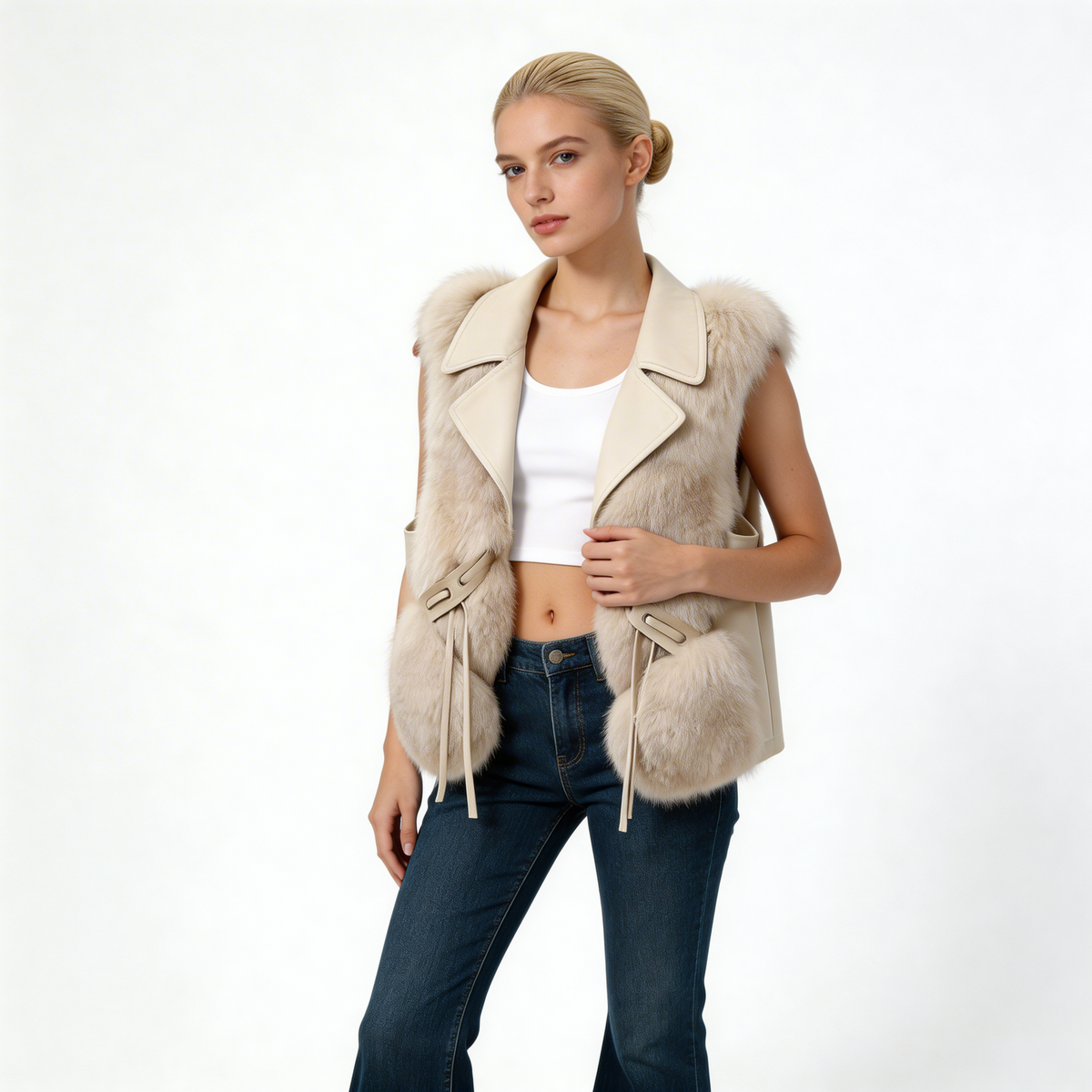 Faux Fur Vest – Elegant Winter Gilet with Oversized Collar and Waist Ties