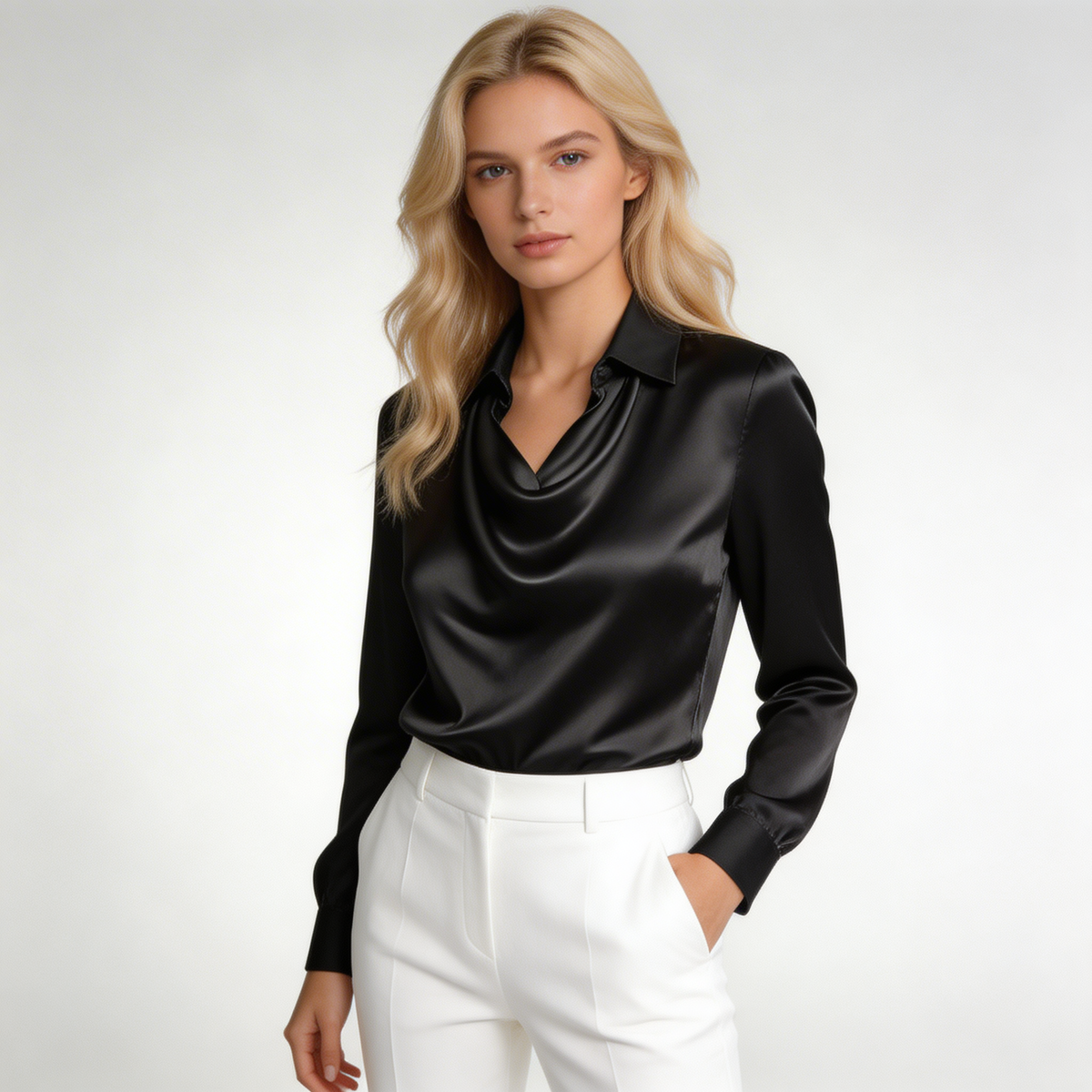 Satijnen blouse – gedrapeerde top met watervalhals, lange mouwen en elegante kraag