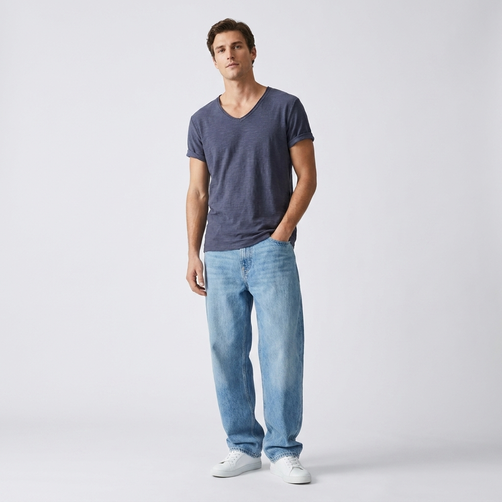 T-shirt à col en V pour homme – mélange de lin et coton à coupe ajustée et respirante