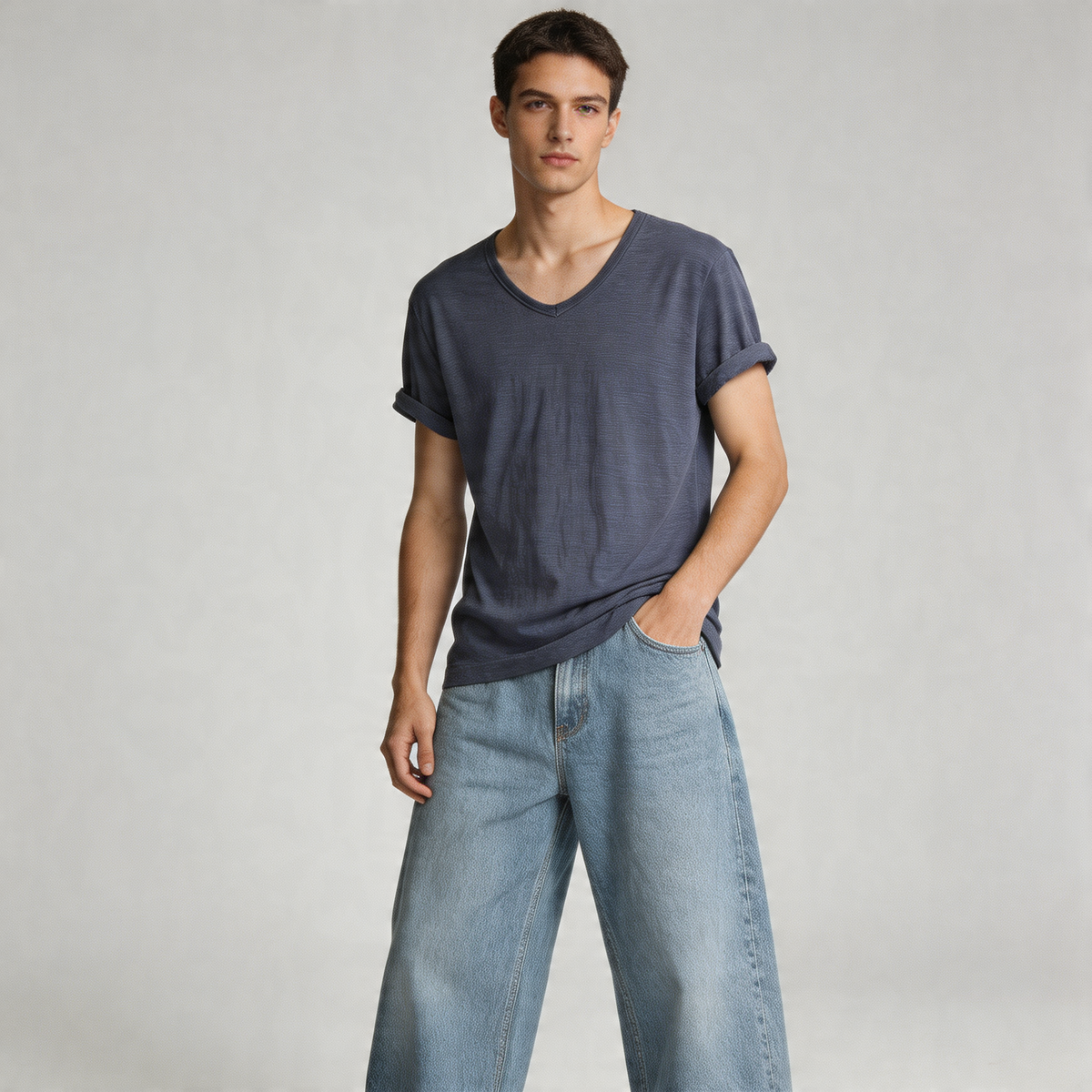 T-shirt à col en V pour homme – mélange de lin et coton à coupe ajustée et respirante