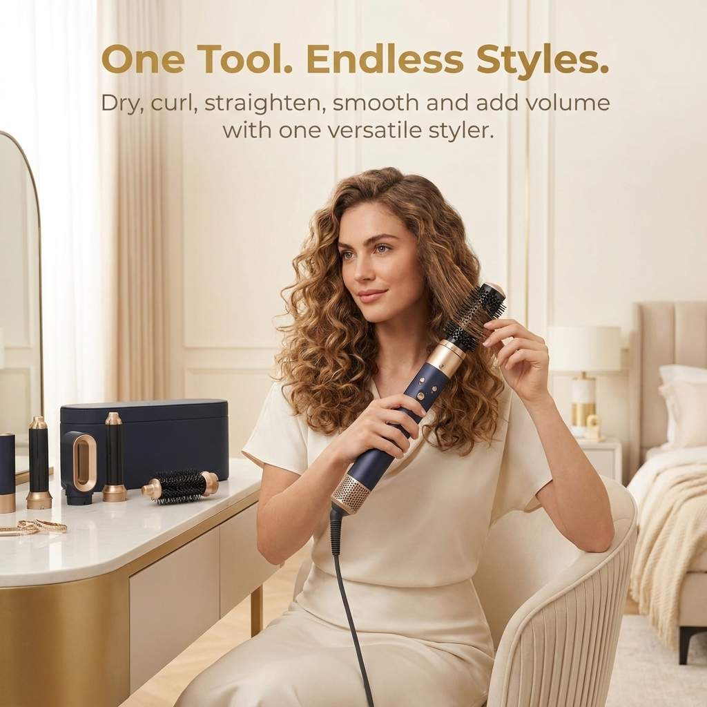 Styler cheveux 5-en-1 – Outil puissant de 1000W avec technologie ionique et accessoires polyvalents