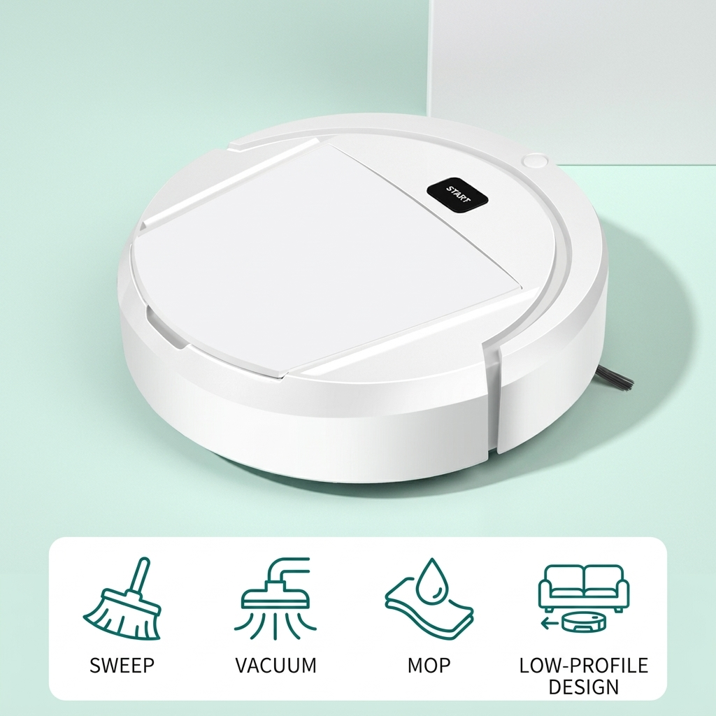 Aspirateur robot et serpillière combo – Nettoyeur compact 3-en-1 pour sols durs