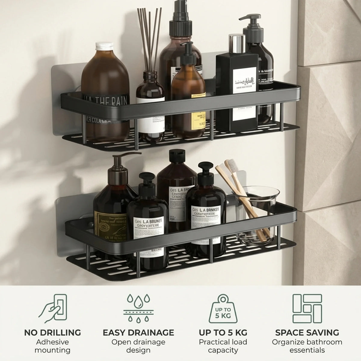 Adhesive Shower Caddy – No-Drill Wall-Mounted Bathroom Shelf