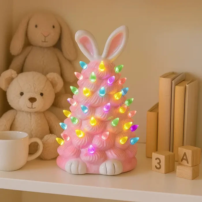Roze konijnenlamp - zachtroze konijnenfiguur die in regenboogkleuren oplicht